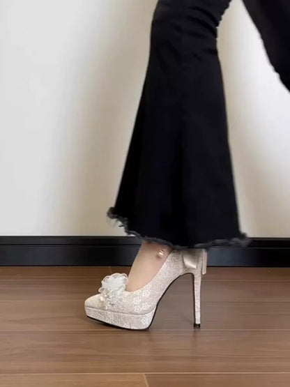 Elegant French-Chinese High Heel Shoes for Qipao with Lace