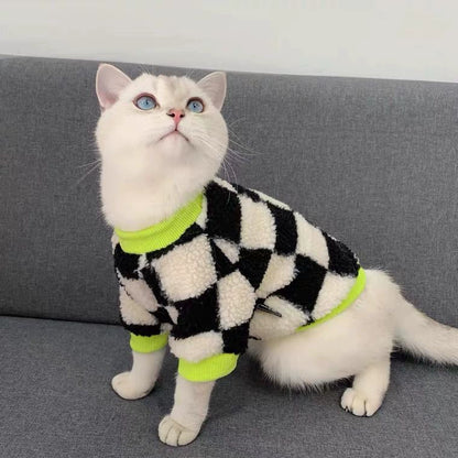 Black White Chessboard Velvet Cat Sweater for Handsome Winter Cats