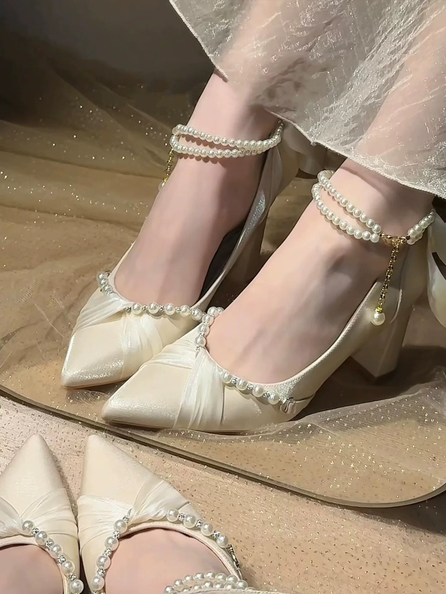 Pearl Satin High Heel Shoes with 6cm Heel, Off‑White