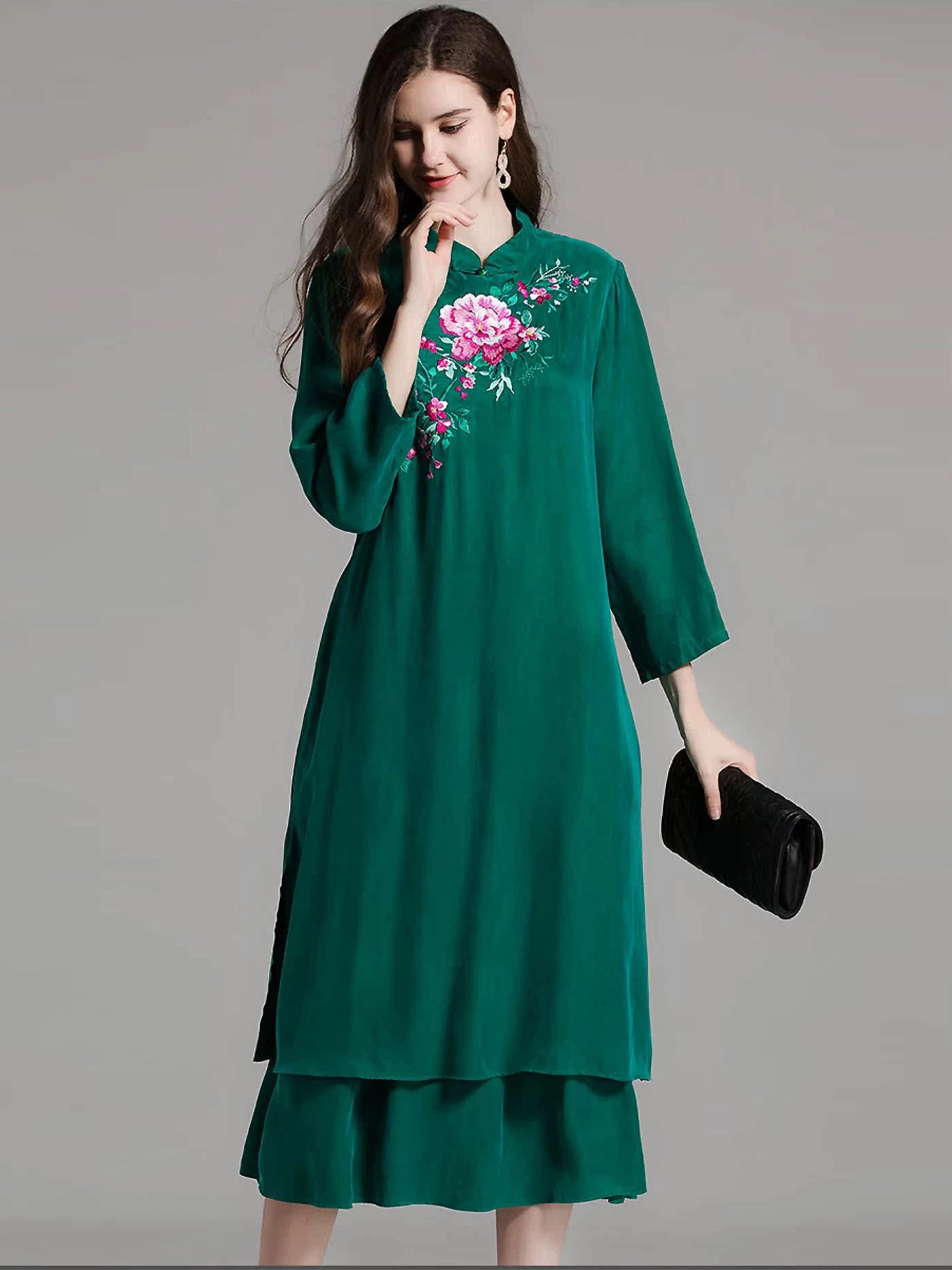 Women's Qipao Dress Silk Blend Dark Green L