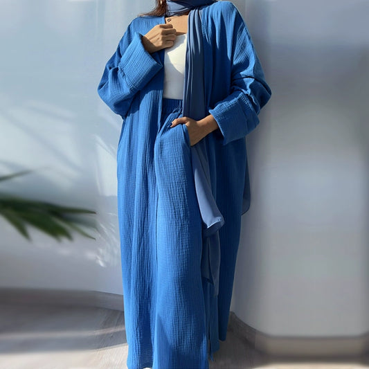 Elegant Arabic Long Set – Blue Skirt, Cardigan & Trousers