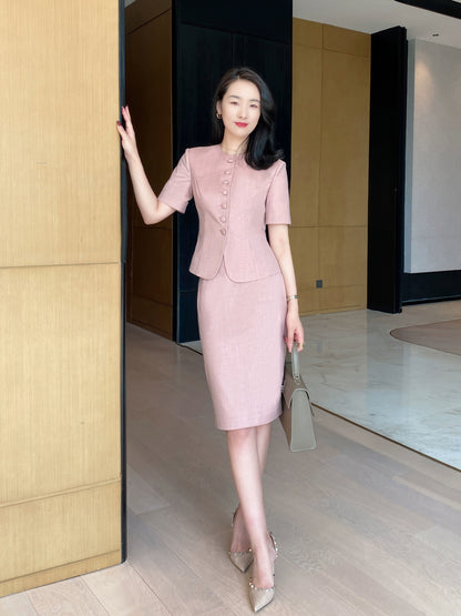 Elegant Light‑Luxury Short‑Sleeve Suit Set with Hip‑Accented Skirt