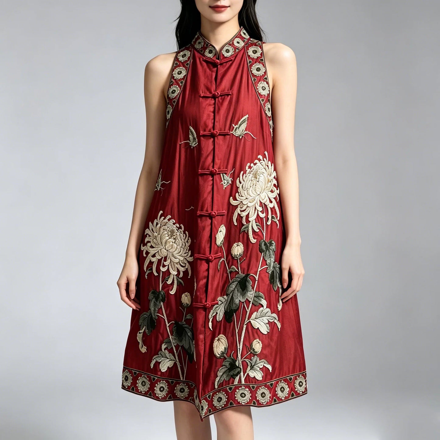 Vintage Chinese Style Tencel Embroidered Mid-Length Plus Size Sleeveless Vest