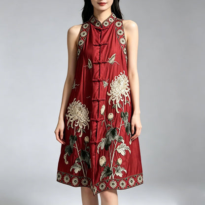 Vintage Chinese Style Tencel Embroidered Mid-Length Plus Size Sleeveless Vest