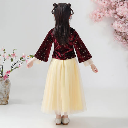 Elegant Girls' Chinese Hanfu Dress Autumn Spring Cheongsam Traditional Performance Outfit
