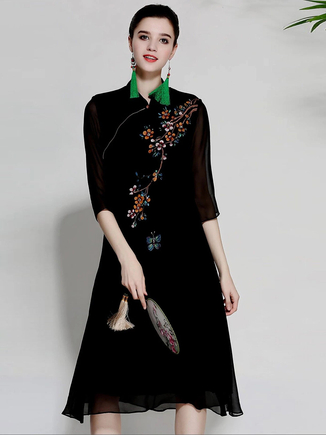 Women Summer Silk Qipao Dress Slim Fit Retro Print