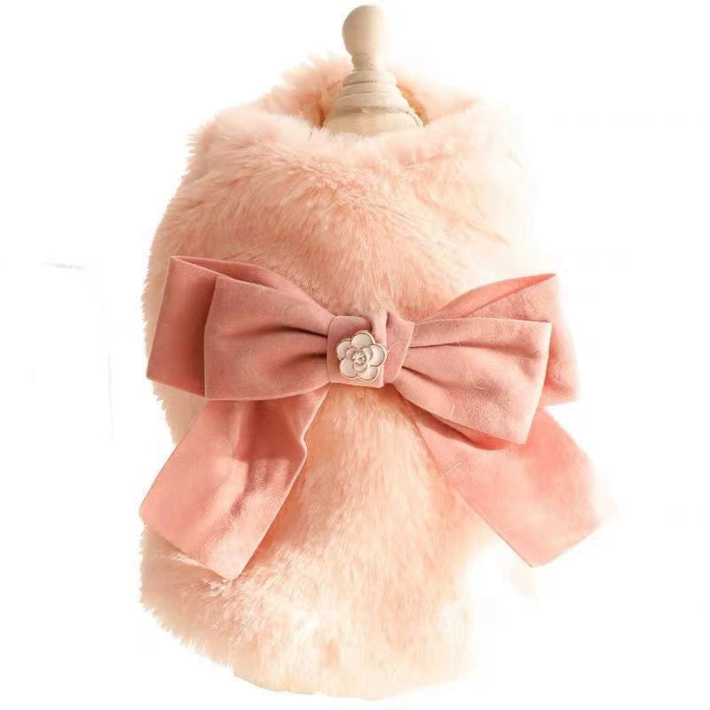 Fur Big Bow Pet Dog Autumn Winter Warm Cotton Vest Teddy Yorkshire Panda Cat Clothes