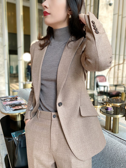 Winter Woolen Oat Coffee Women's Suit Set Loose Pants