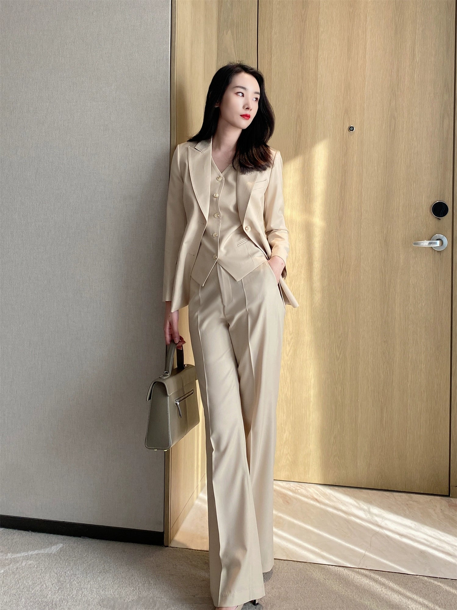 Apricot Woolen Women's Suit Set – Vest & Trousers, Slim Straight Fit
