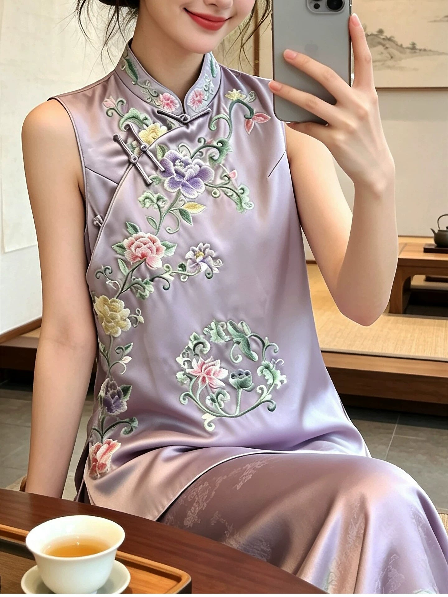 Summer Women’s Acetate Satin Embroidered Vest Slim Fit Stand‑Collar
