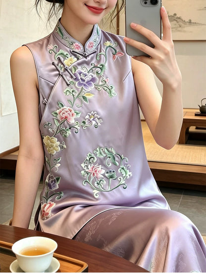 Summer Women’s Acetate Satin Embroidered Vest Slim Fit Stand‑Collar