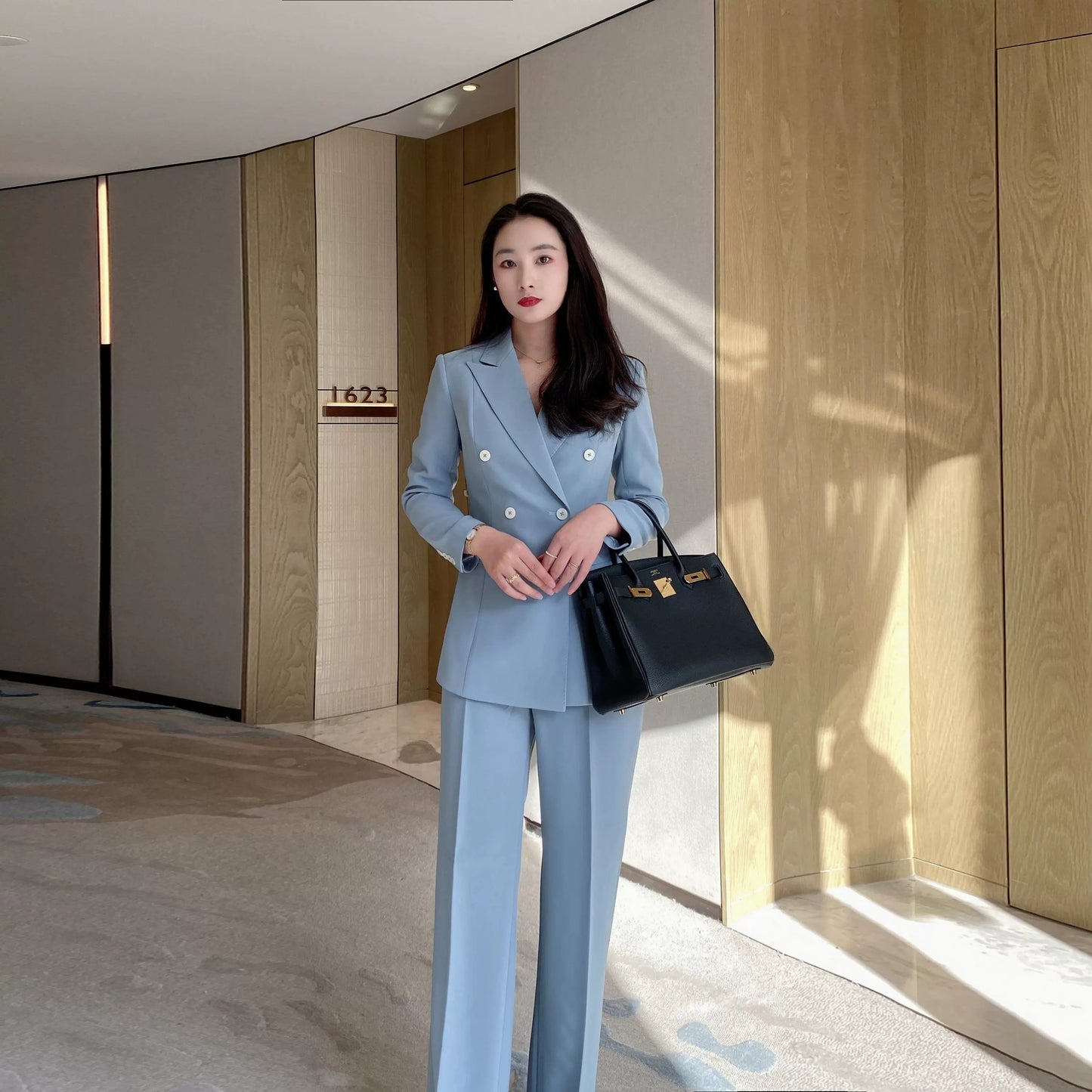 Lake Blue Women's Double‑Breasted Suit Set with Loose Straight Trousers