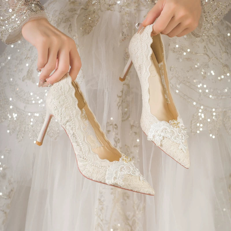 Elegant French Lace Bridal High Heel Shoes White 6cm