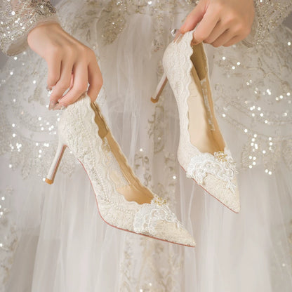 Elegant French Lace Bridal High Heel Shoes White 6cm