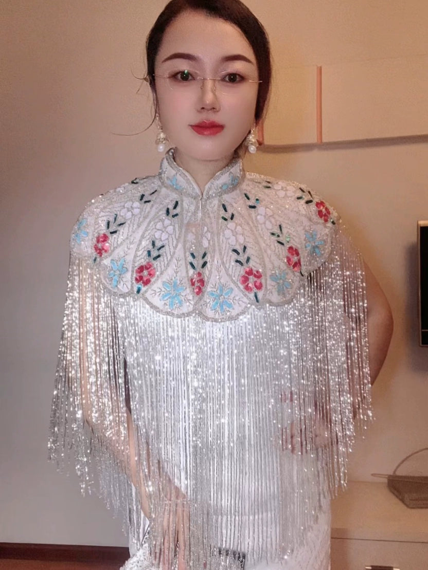 Handcrafted Indian Cheongsam Cloak with Tassels and Beads