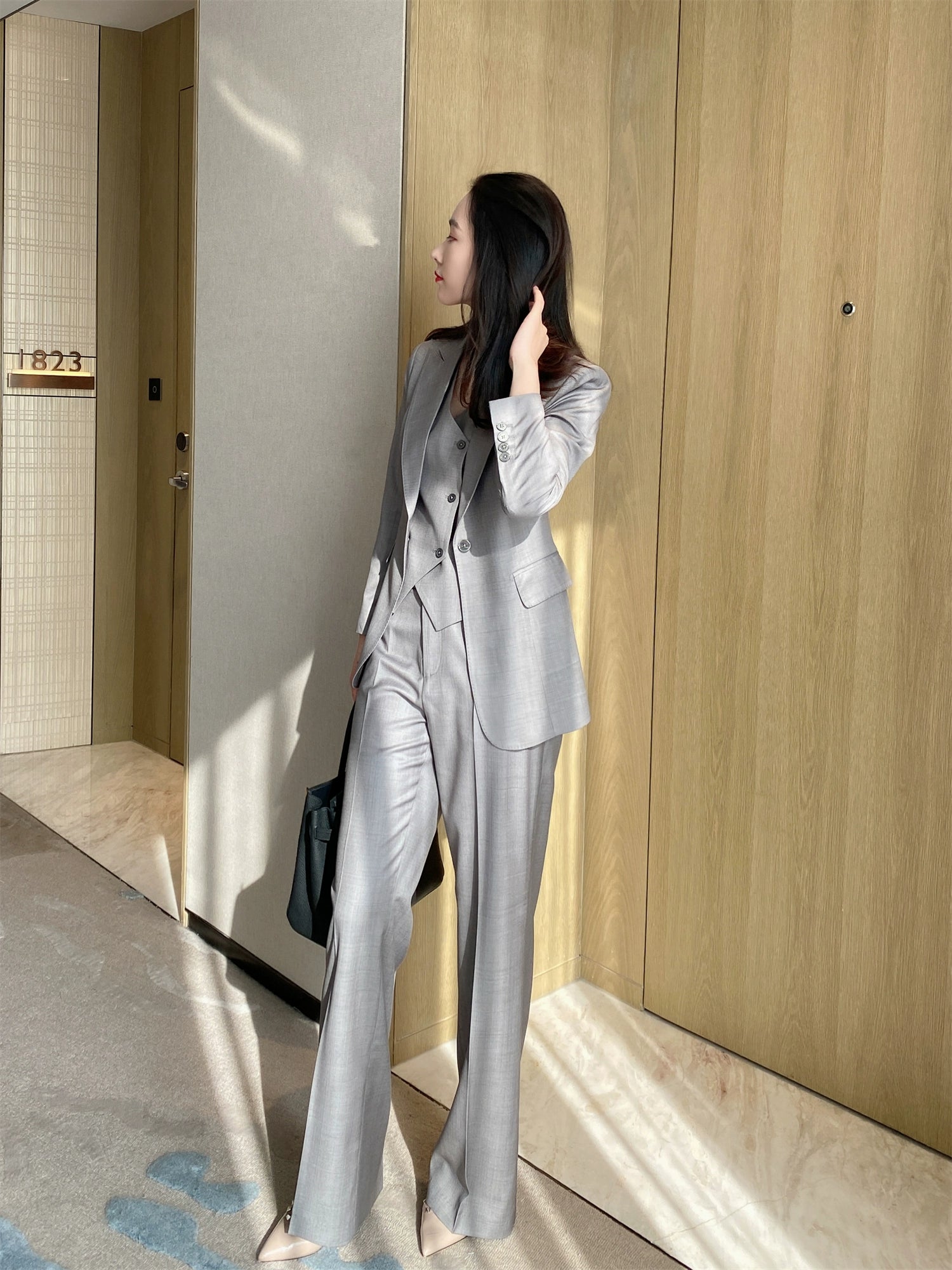 Light Grey Wool Blend Women's Suit Vest & Trousers