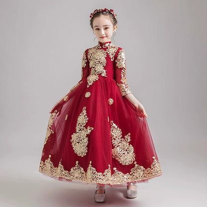 Elegant Princess Gown: Long-Sleeve Winter Wedding Dress for Girls' Piano Performance