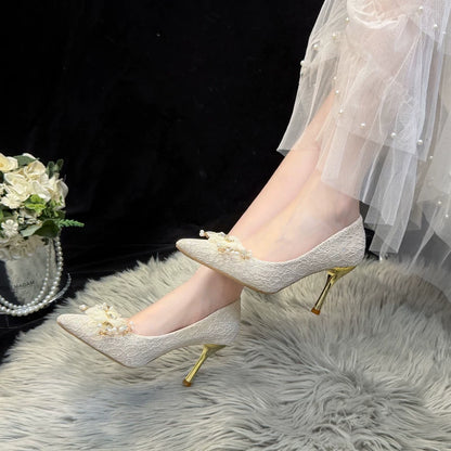 Elegant Champagne Crystal Flower Wedding High Heel Shoes