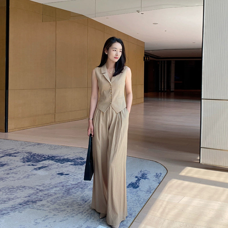 Khaki Summer Slim Vest & Wide-Leg Trousers Set for Women