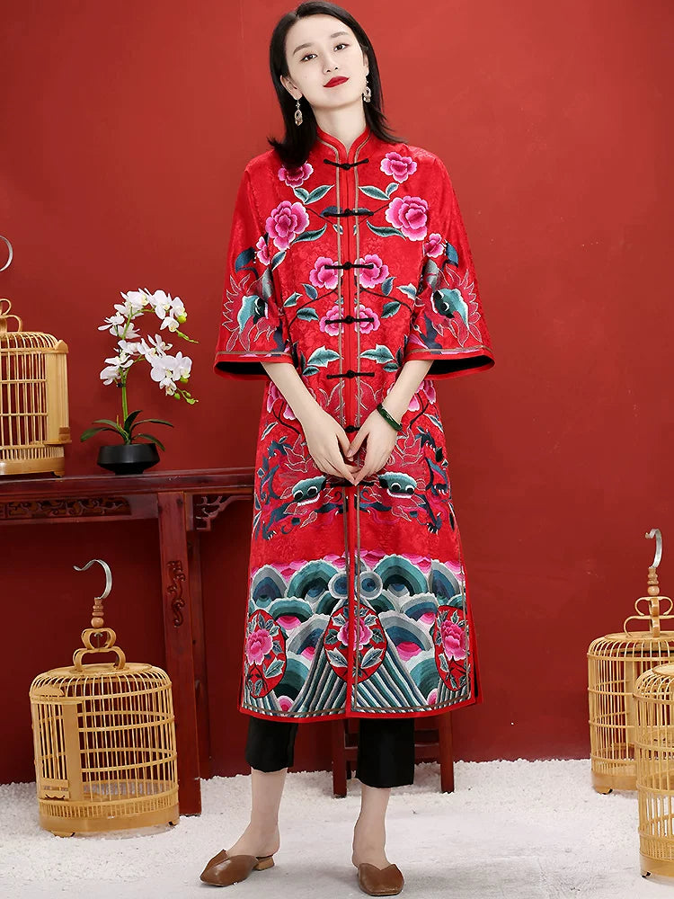 Red Hand‑Embroidered Plus‑Size Chinese‑Style Qipao Dress Spring Autumn