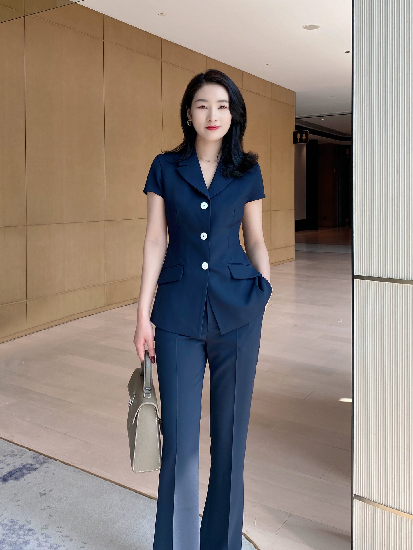 Elegant Summer Suit Set: Short Sleeve Jacket & Flared Trousers