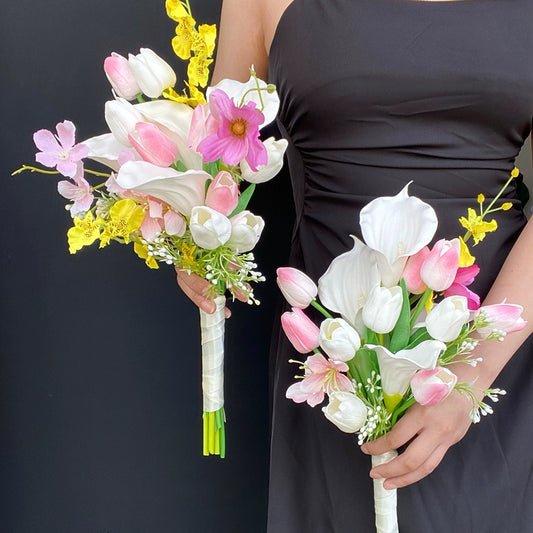 Two bunches of two-in-one simulated flowers, pink tulip calla lily, hand-held flowers, wedding certificate and graduation photo