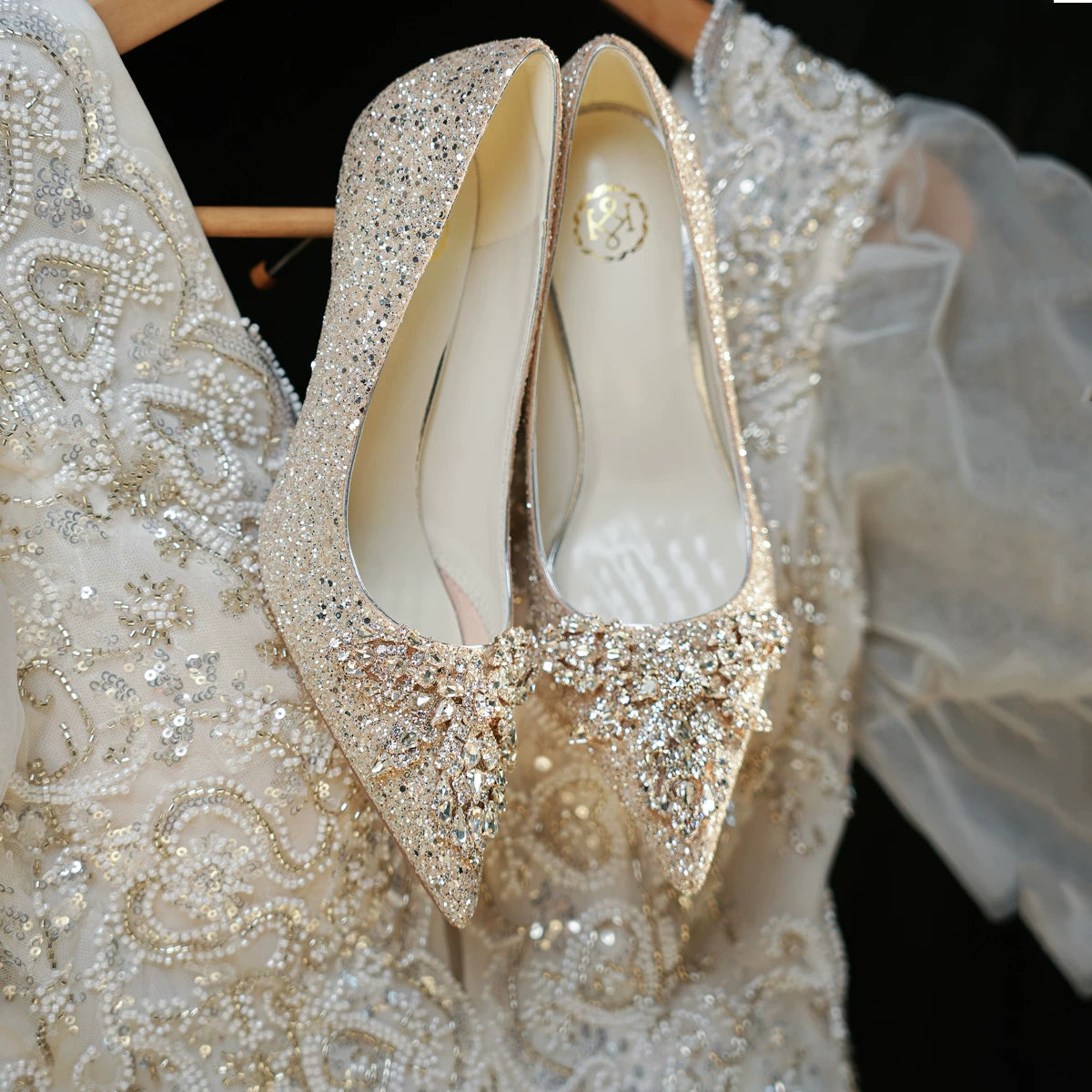 Champagne Gold Bridal Wedding Shoes Two‑Way Crystal High Heel