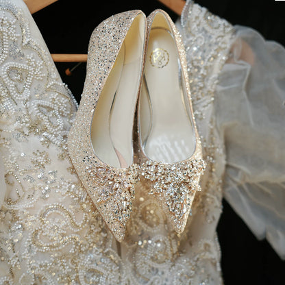 Champagne Gold Bridal Wedding Shoes Two‑Way Crystal High Heel