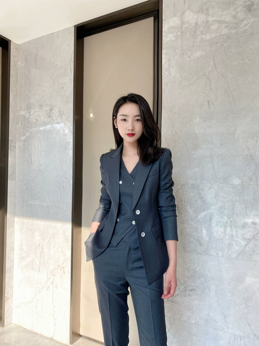 Women's Dark Grey Spring Autumn 3-Piece Suit Vest & Trousers