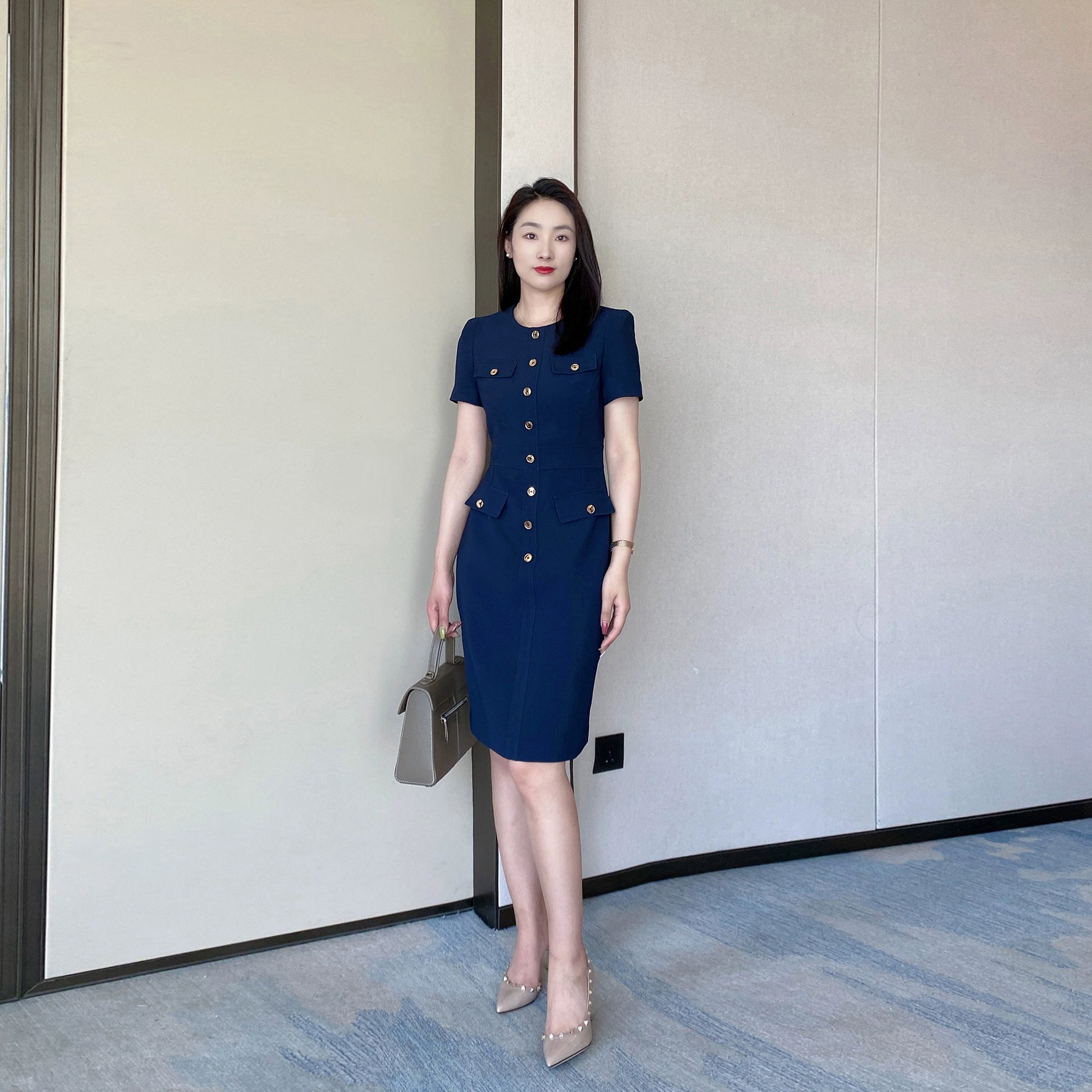 Elegant Summer Fitted Midi Dress with Short Sleeve – Navy