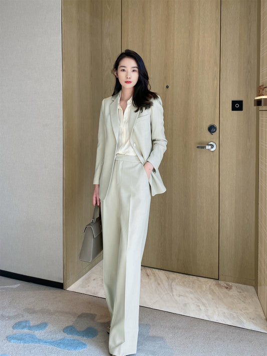 Cream Green Oversized Leisure Suit Set with Straight Trousers