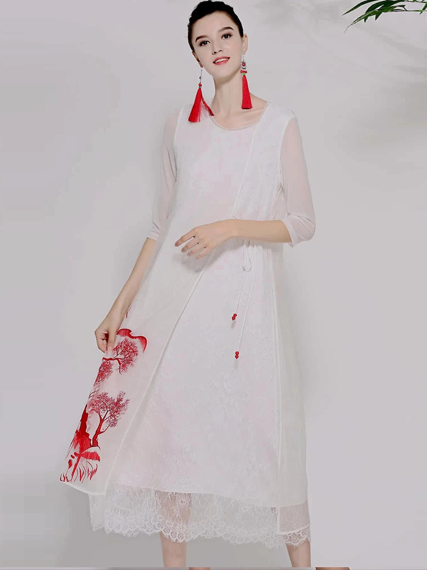 Women's Summer Silk Organza Lace Tie Vintage Embroidered Dress