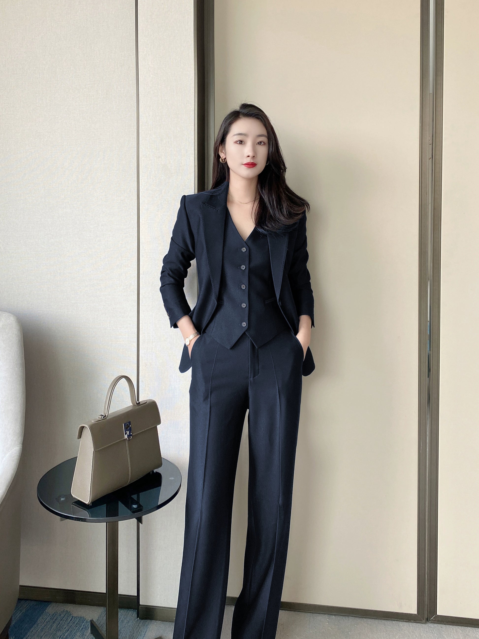 Elegant Black Women's Three-Piece Suit Set Jacket Vest Trousers