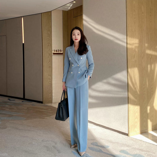 Lake Blue Women's Double‑Breasted Suit Set with Loose Straight Trousers