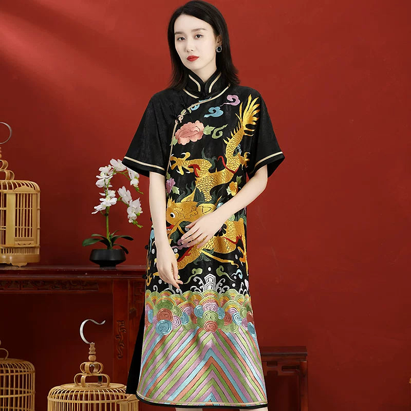 Custom Chinese Style Qipao Dress, Loose Hand‑Embroidered Dragon, Black
