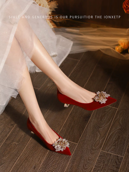 Red Low Heel Wedding Shoes for Brides, Comfortable 3cm