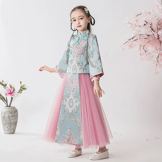 Elegant Children's Long-Sleeve Hanfu Cheongsam Set: Autumn Chinese Style Suit