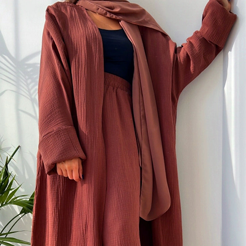 Elegant Arabic Long Set – Blue Skirt, Cardigan & Trousers