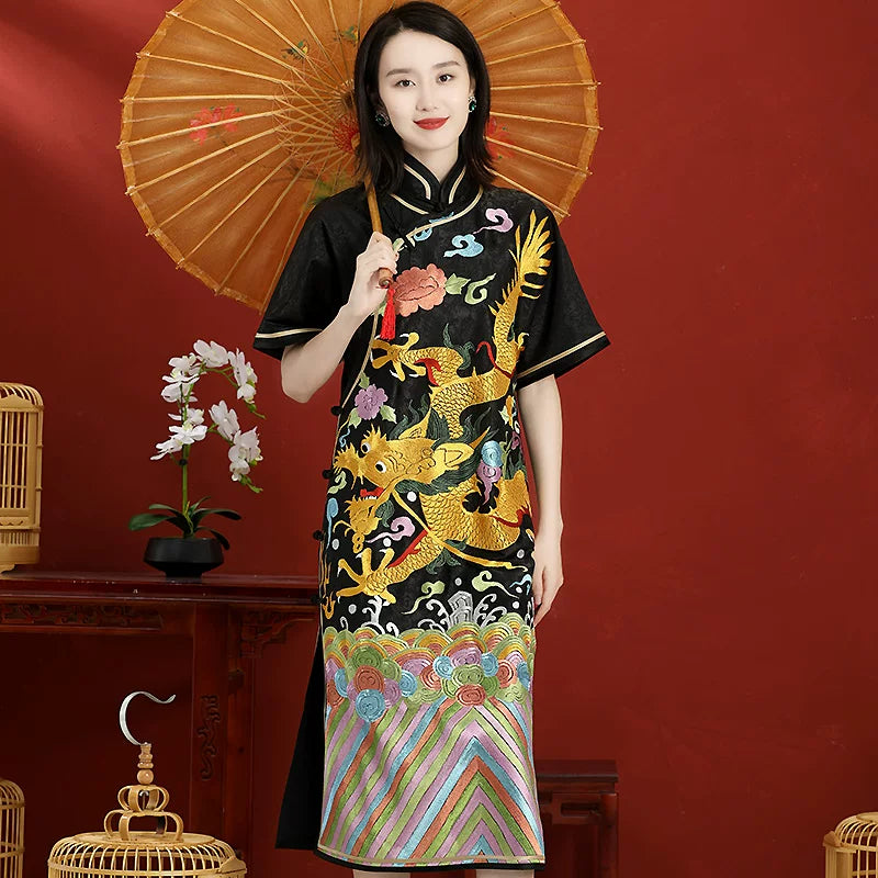 Custom Chinese Style Qipao Dress, Loose Hand‑Embroidered Dragon, Black
