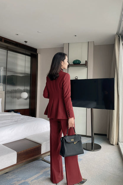 Demi-season Burgundy Women’s Suit Set – Slim Fit Jacket & Trousers