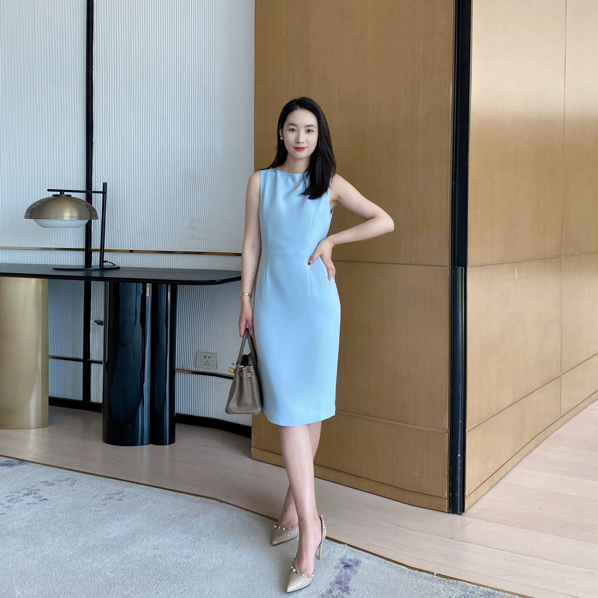 Summer Blue Fitted Sleeveless Dress Elegant Mid‑Length One‑Step Skirt