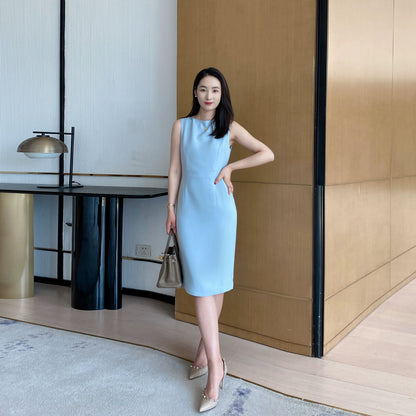 Summer Blue Fitted Sleeveless Dress Elegant Mid‑Length One‑Step Skirt