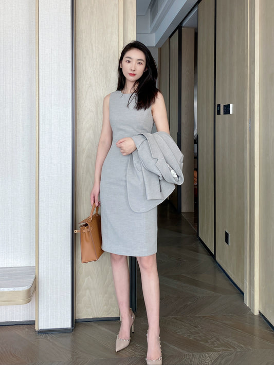 Elegant Summer White Tea Grey Sleeveless Dress Suit Set