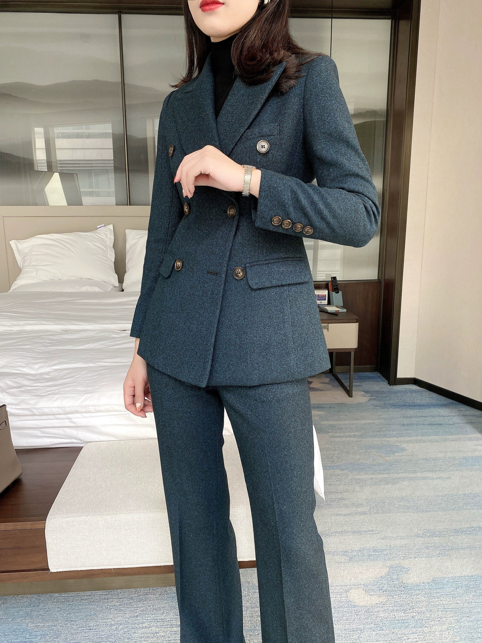 Indigo Woolen Women's Suit with Flared Trousers