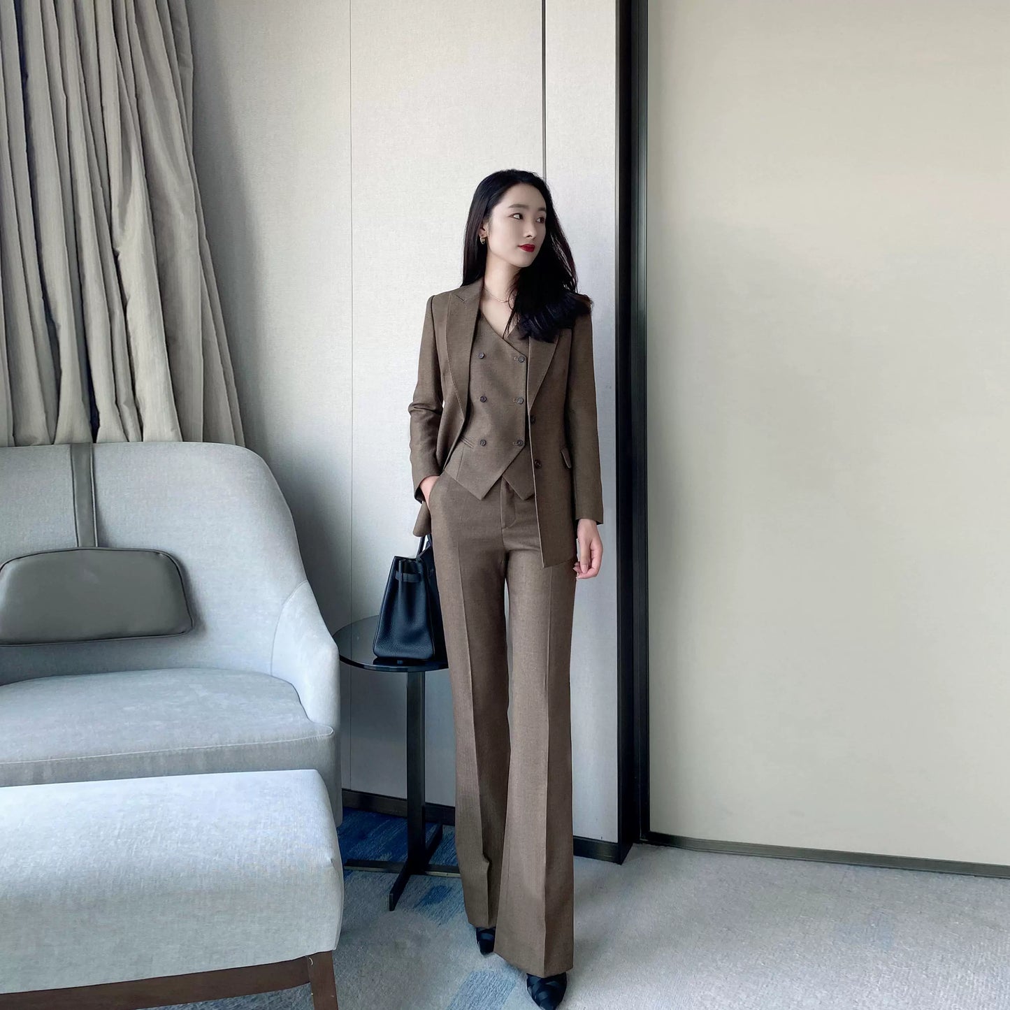 Coffee-Colored Elegant Women's Winter Suit Set – Jacket Vest Flared Trousers