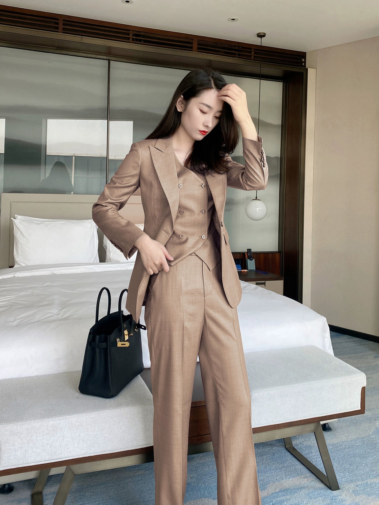 Coffee Color Classic 3-Piece Women's Suit Set Loose Straight Fit