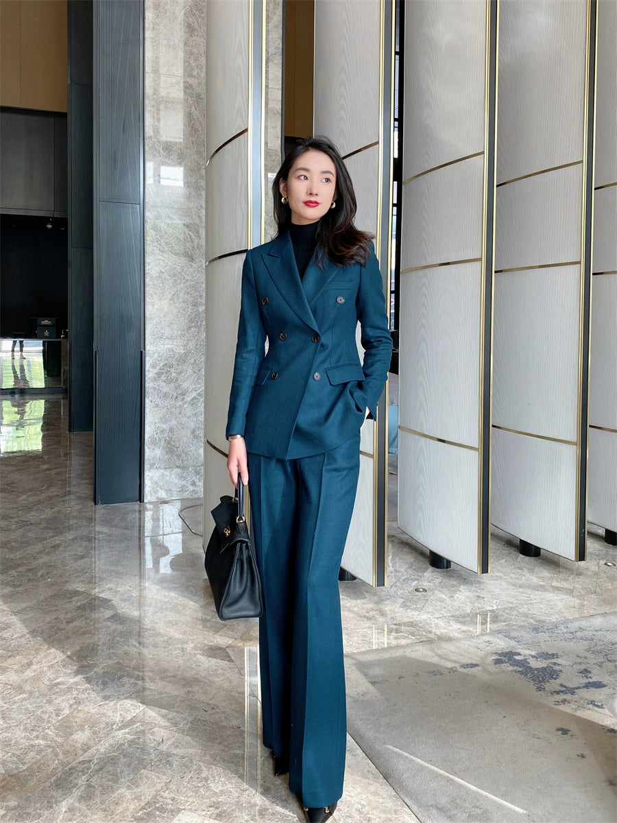 Peacock Blue Winter Classic Suit Jacket with Flared Trousers