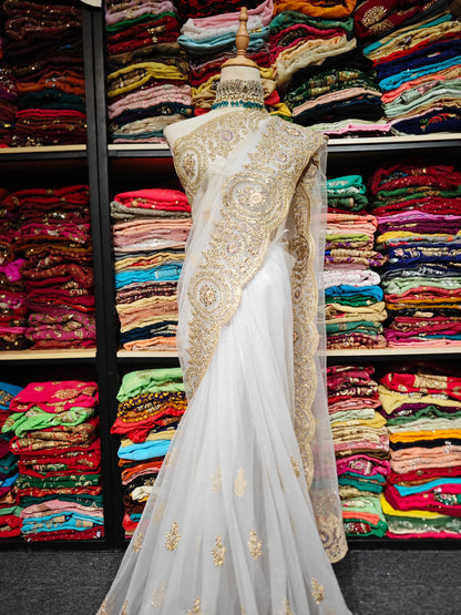 Indian White Embroidered Sari