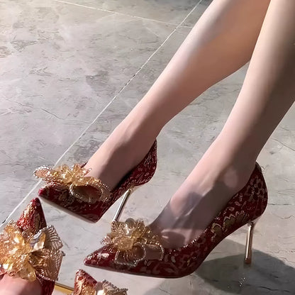 Red Chinese Wedding Shoes With Crystal Rhinestones