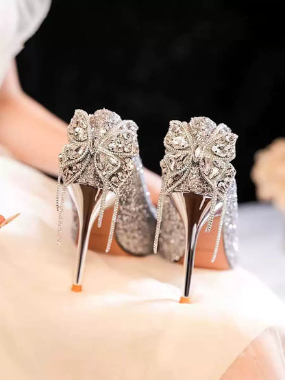French Style Silver Bridal Wedding Shoes With Crystal Bow 6cm/8cm